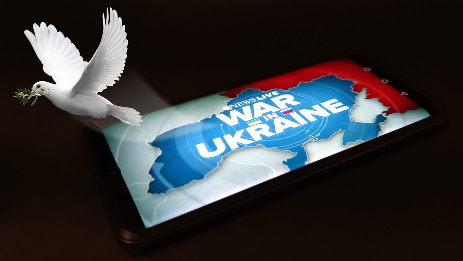 War in Ukraine broadcast from smartphone with dove of peace