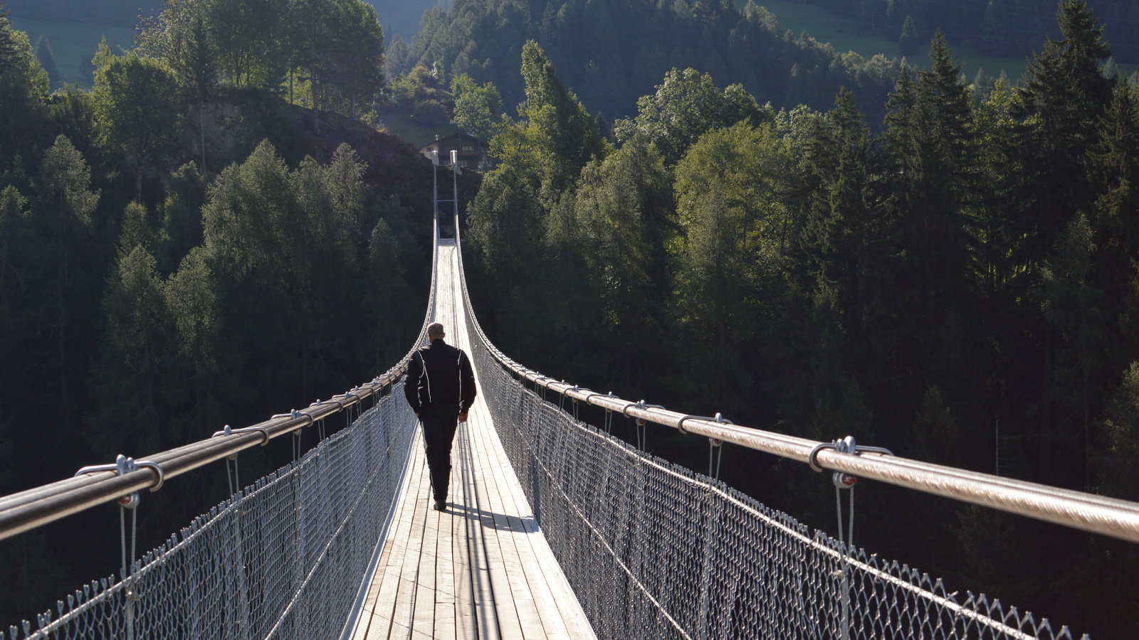 Man walking bridge in forest