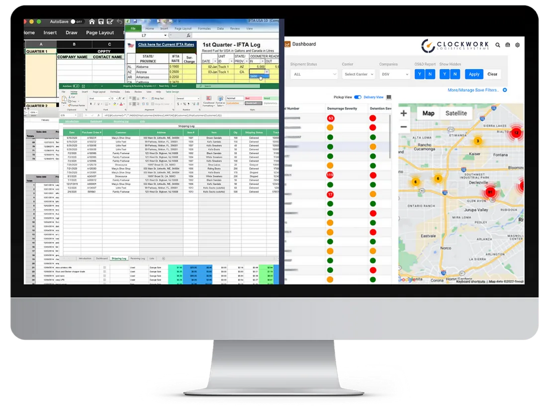 Before and after: spreadsheets and email on the left, the Clockwork dashboard with a shipment table and map on the right