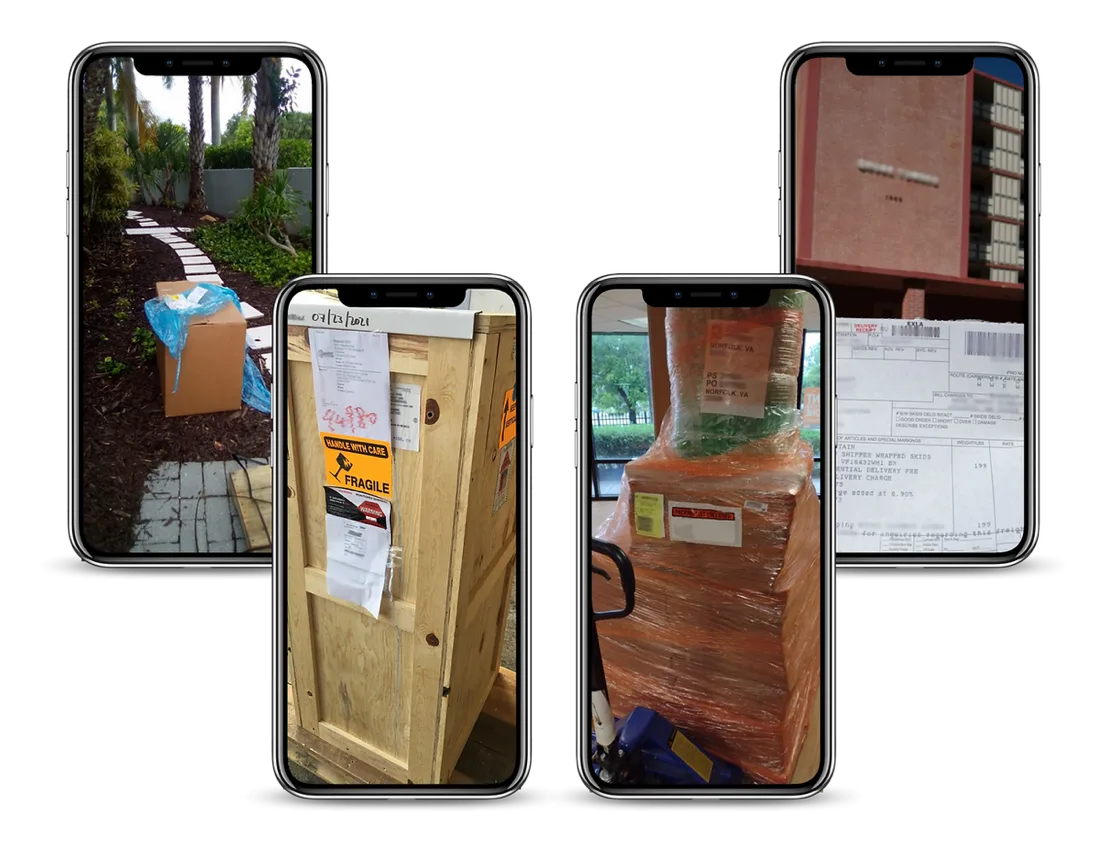 Four phone screens showing delivery photos taken by drivers: a package at a door, a labelled crate, a wrapped pallet and a delivery receipt