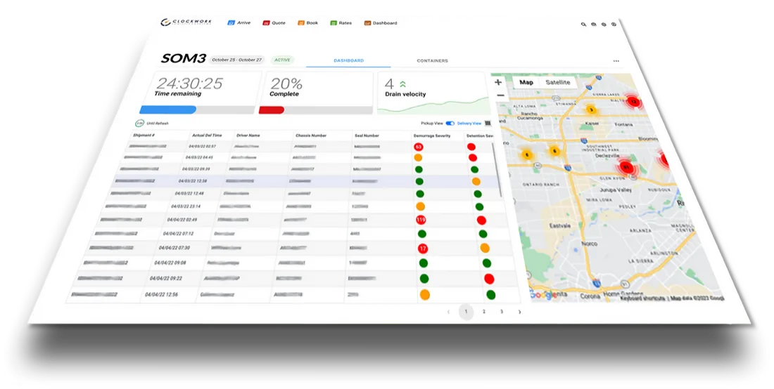Clockwork dashboard showing a live delivery run with time remaining, percent complete, a shipment table with demurrage and detention severity, and a map of stops