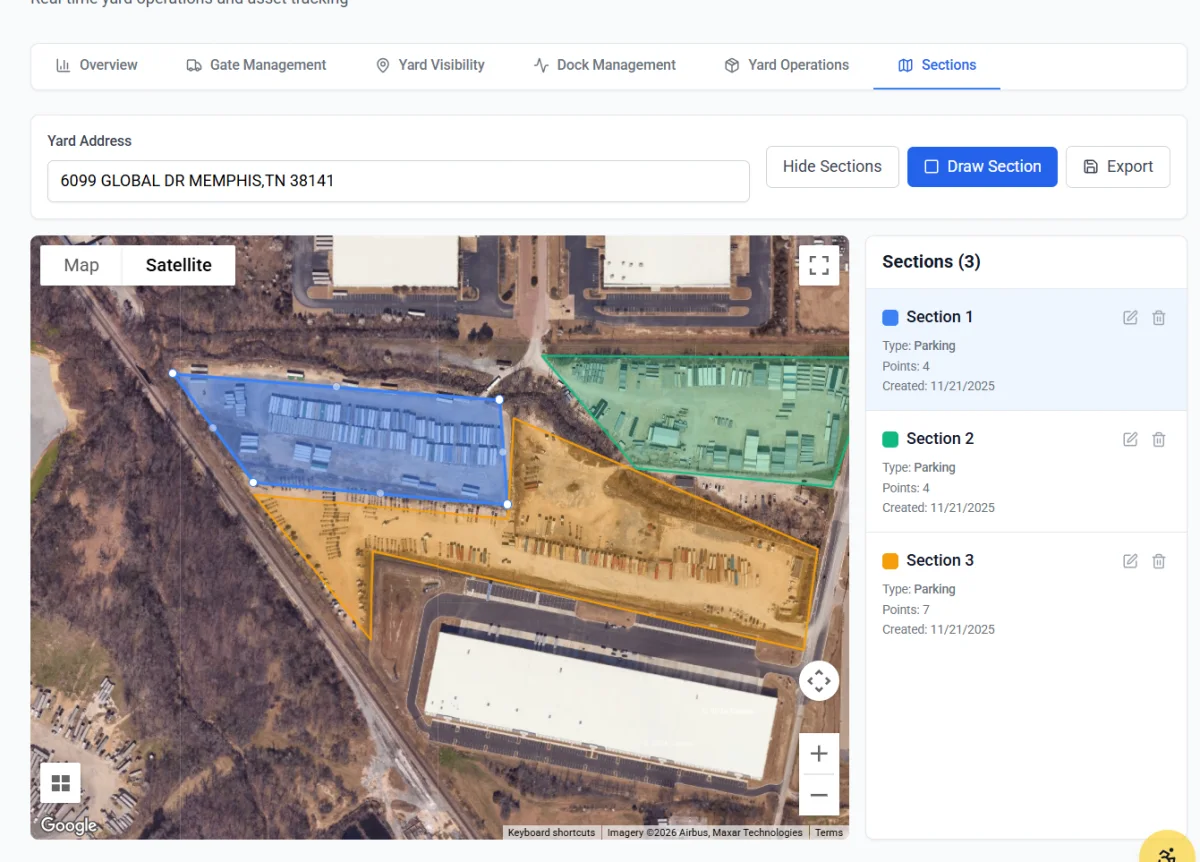 DRMS yard management: a satellite view of a terminal with three colour-coded sections drawn on it and a list of the sections beside it