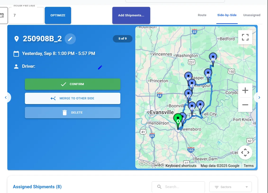 Route optimiser: a route of eight stops plotted on a map beside its schedule, driver and confirm, merge and delete controls